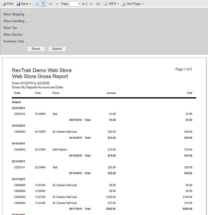 Gross Report by Deposit Account and Date View