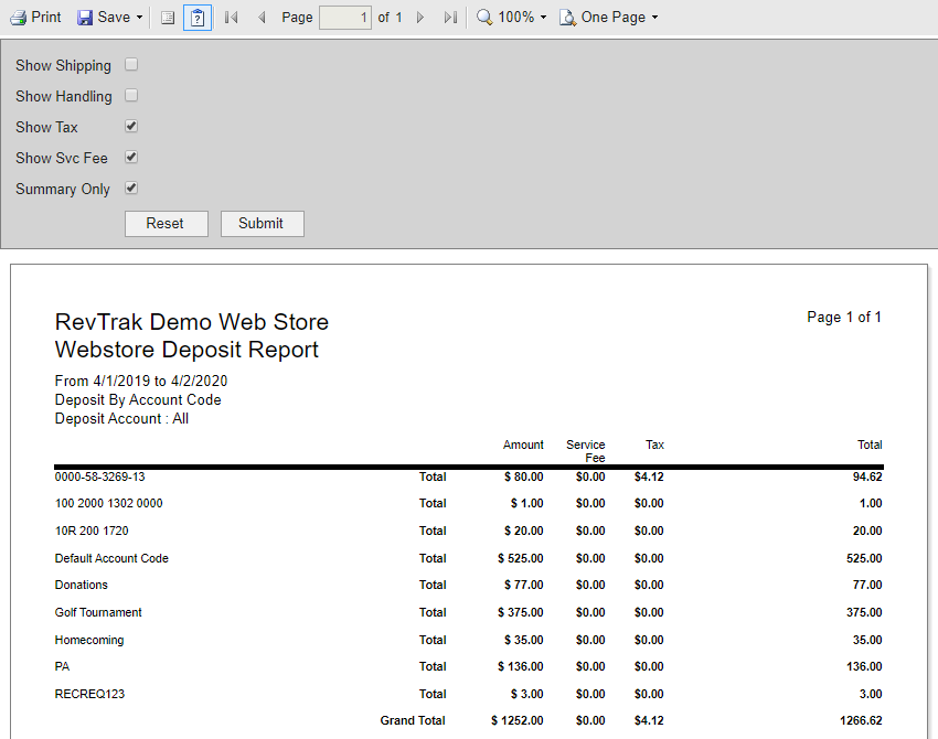 Deposit Report by Account Code View